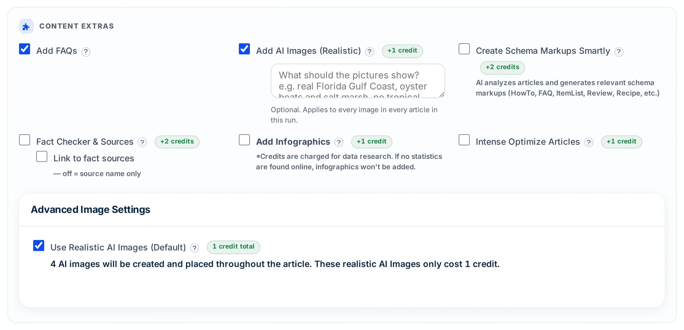 Autoblogging.ai bulk writer content extras: FAQs, AI images, schema, fact checker, infographics