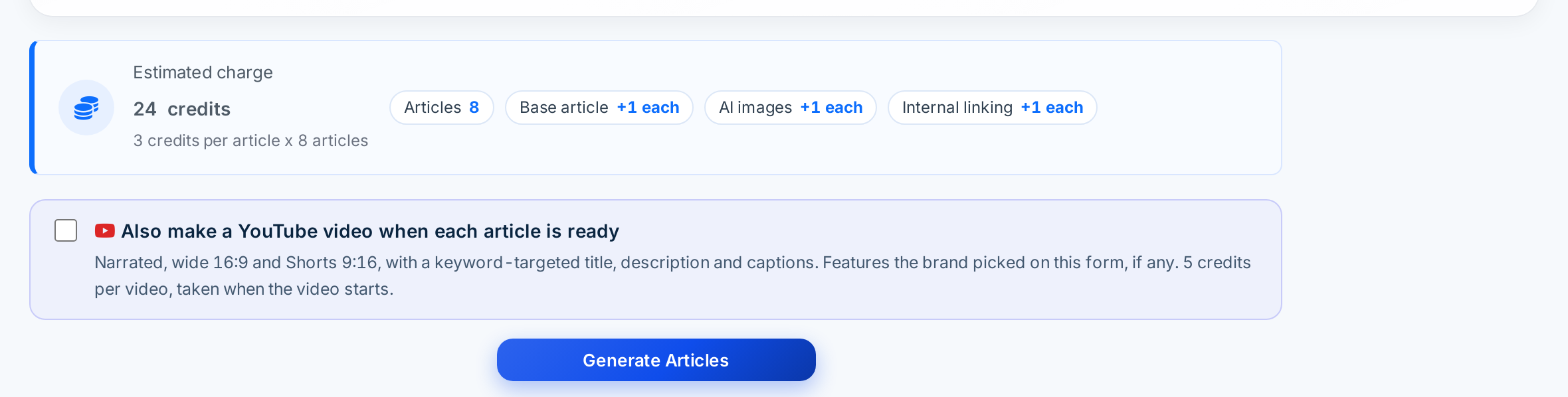 Autoblogging.ai bulk article generator estimated charge before generating
