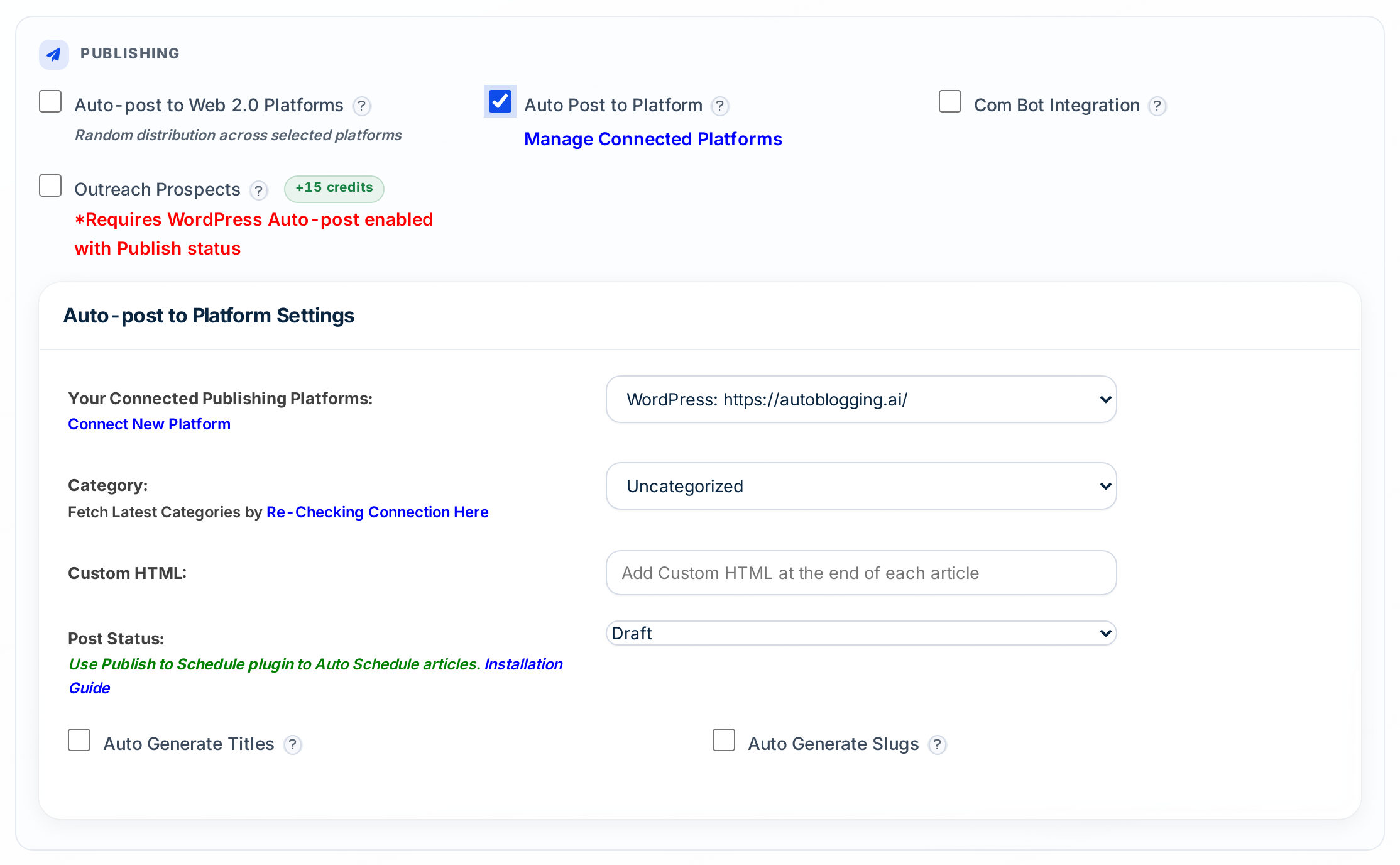 Autoblogging.ai auto-post to platform settings