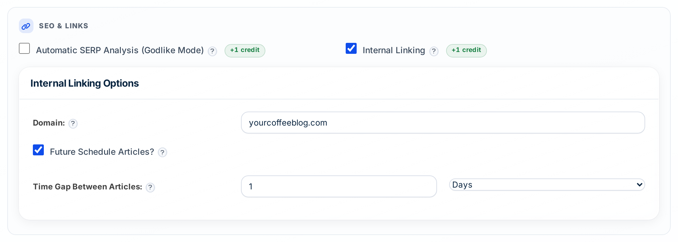 Autoblogging.ai internal linking settings