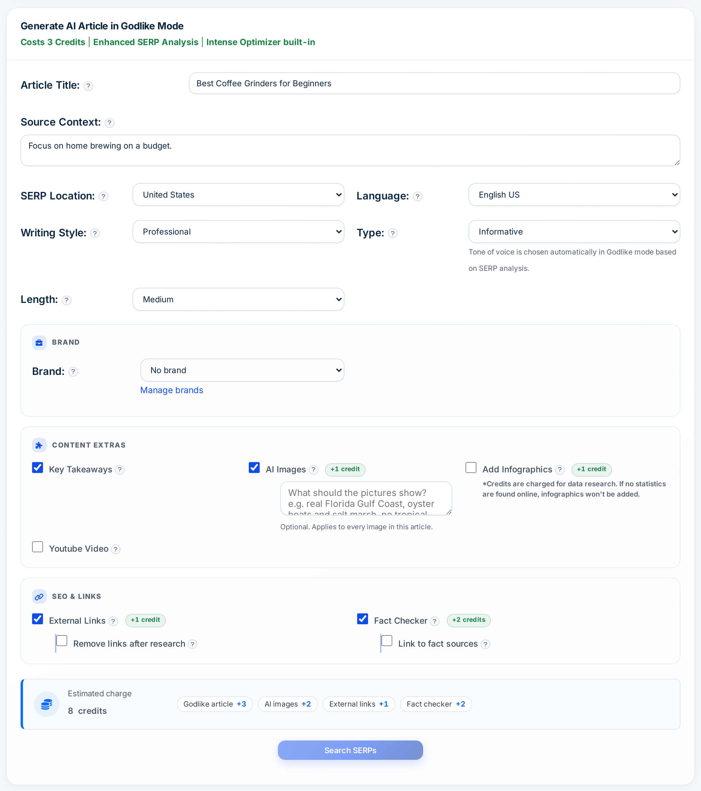 Autoblogging.ai SERP analysis article form