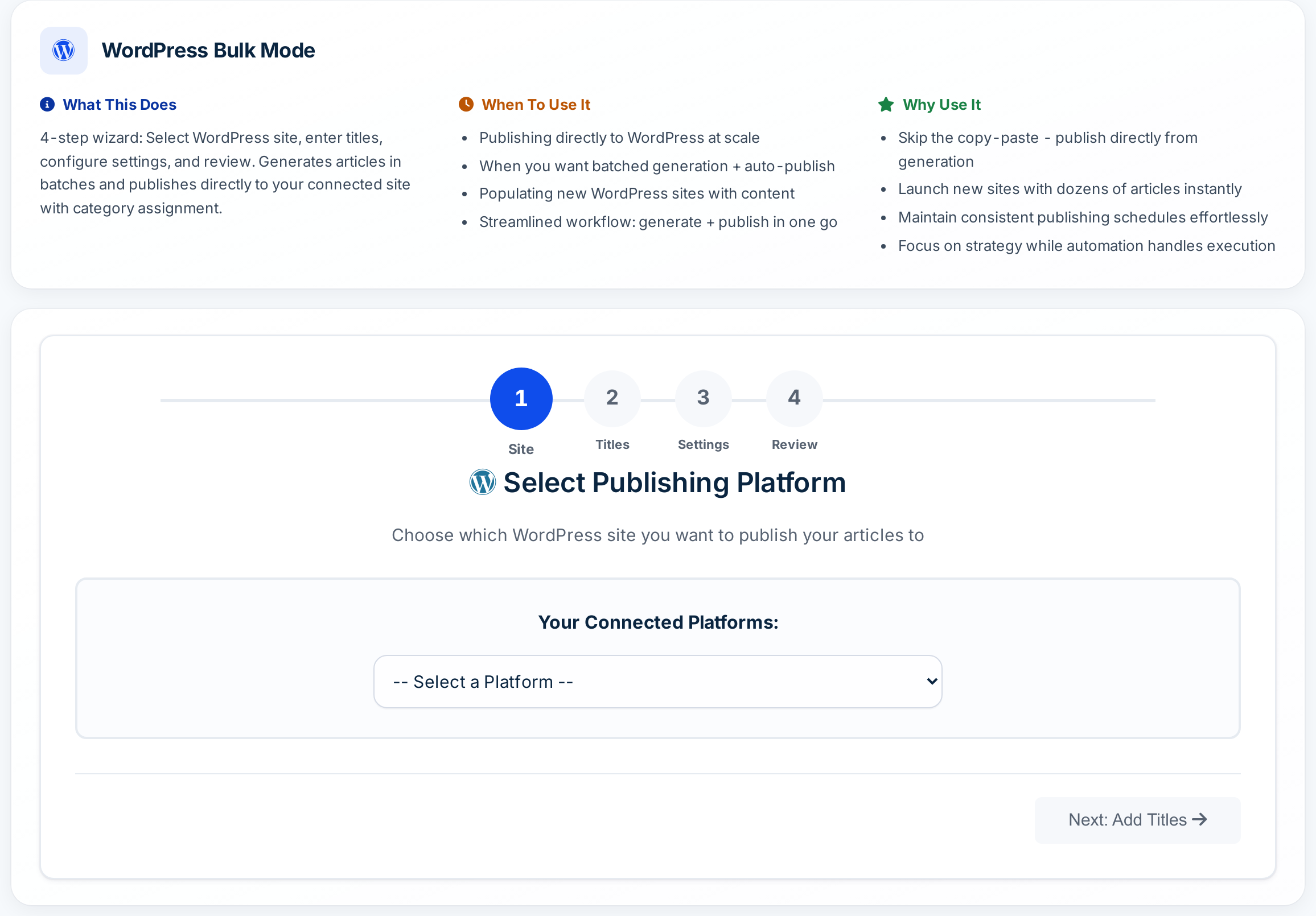 Autoblogging.ai WordPress Bulk Mode 4-step wizard: site, titles, settings, review