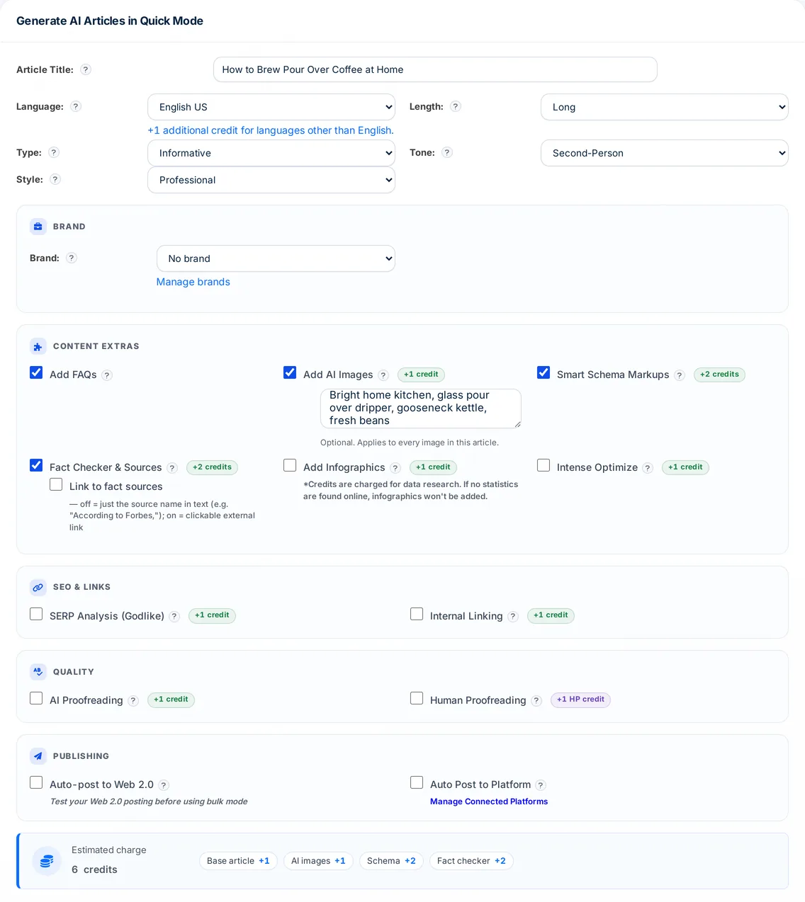 Autoblogging.ai Quick Mode article form with title, language, length, type, tone and style settings, content add-ons and the credit estimate