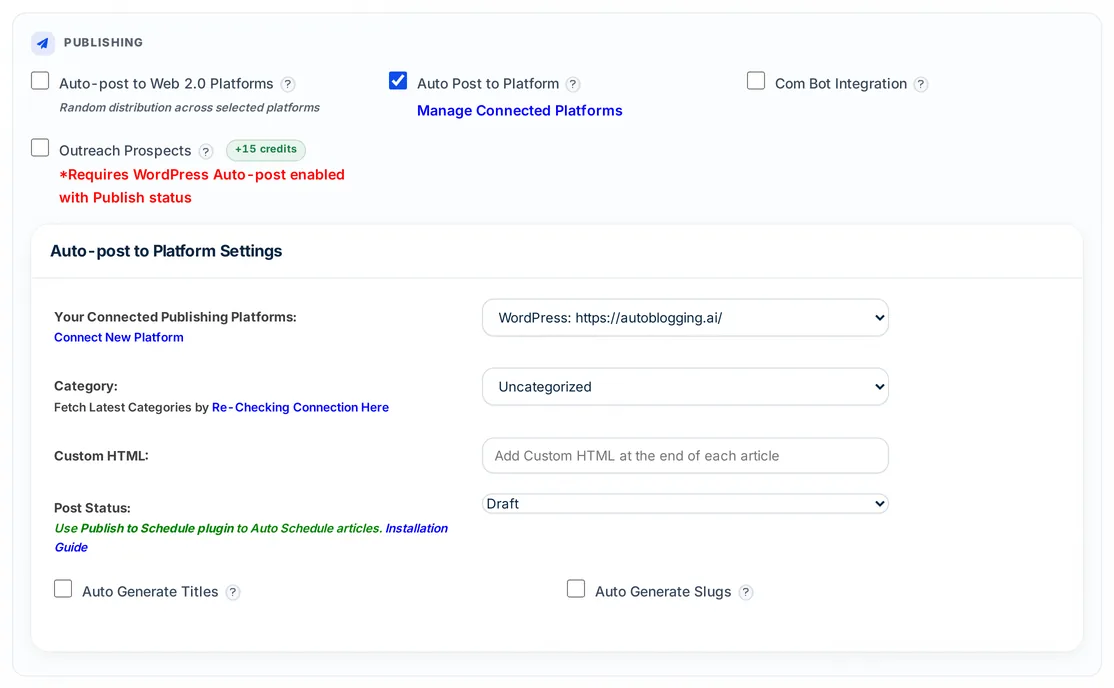 Autoblogging.ai bulk publishing settings with Auto Post to Platform, category and post status