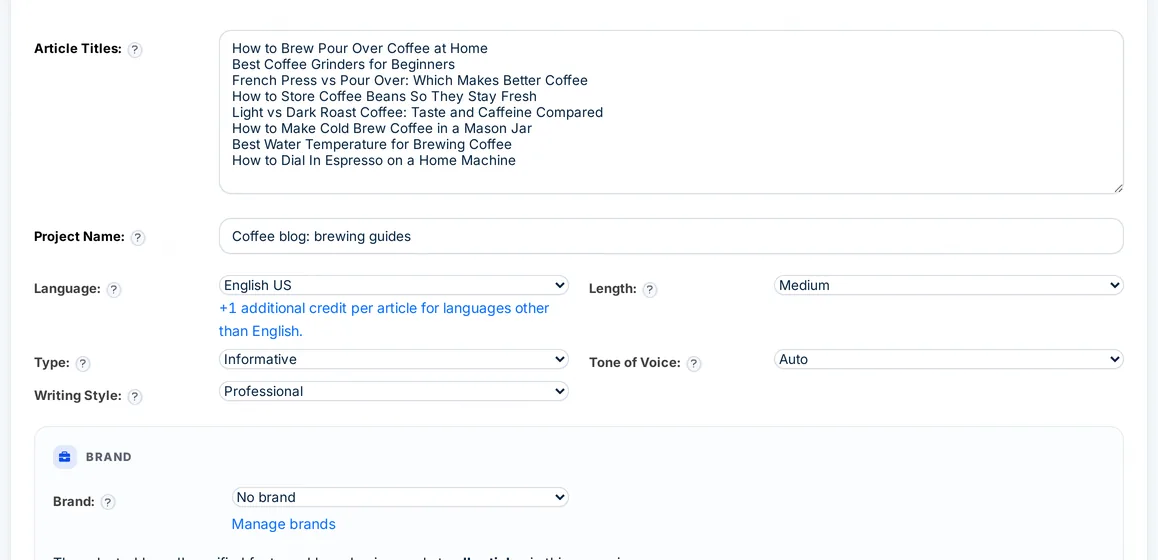 Autoblogging.ai bulk generation form with eight coffee article titles pasted, one per line