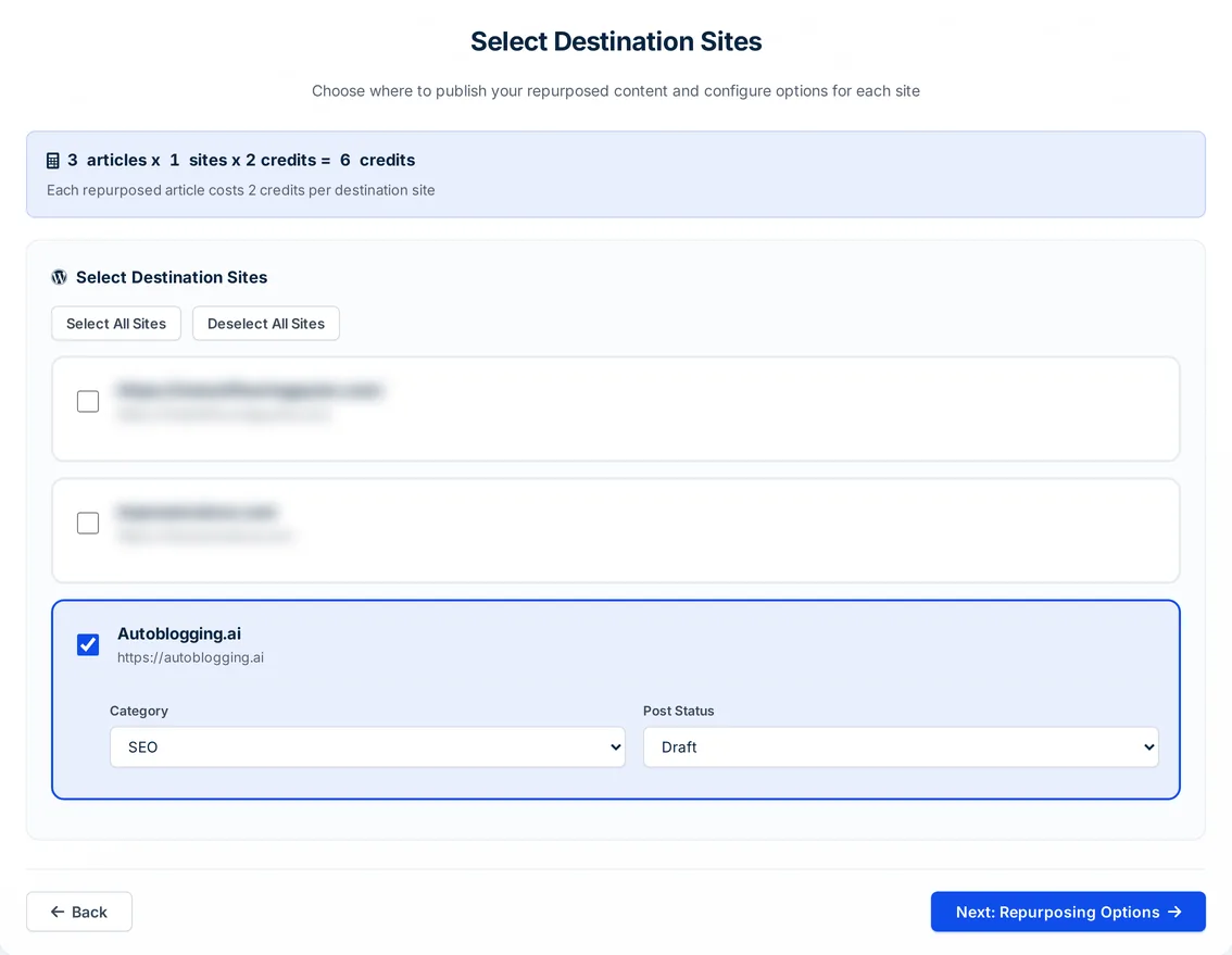 Autoblogging.ai Content Repurposer destination step with a destination site, category, Draft status and the credit formula