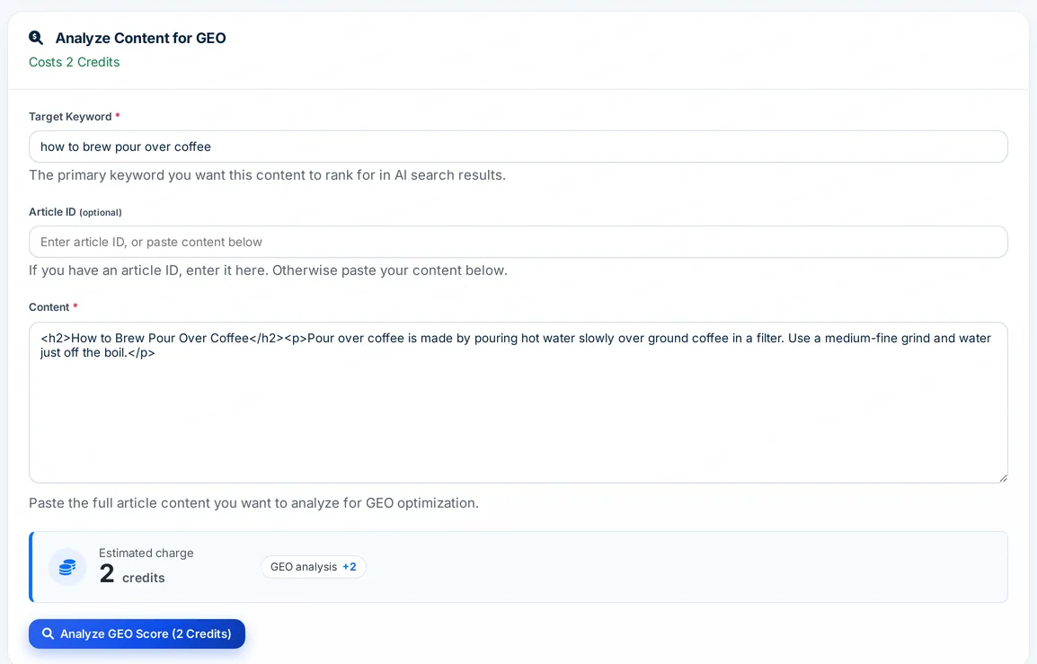 Autoblogging.ai GEO optimizer form with a target keyword and article content filled in