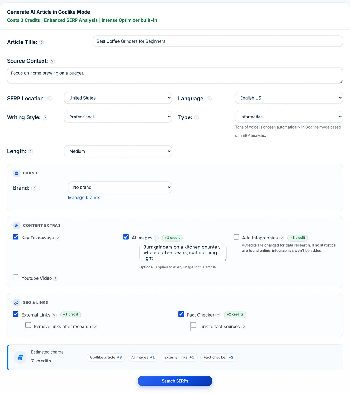 Autoblogging.ai Godlike Mode form with title, source context, SERP location, add-ons and a 7 credit estimate