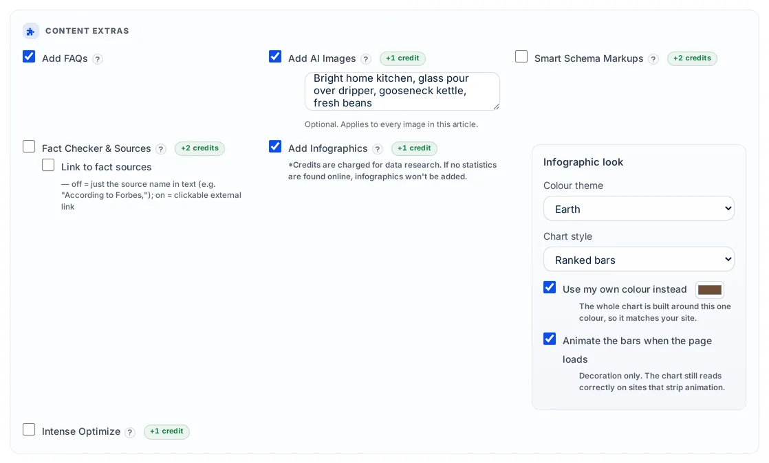 Autoblogging.ai Content Extras with Add Infographics ticked and the Infographic look options: colour theme, chart style, own colour and animated bars