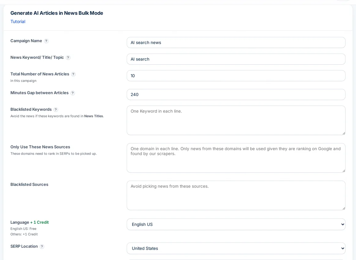 Autoblogging.ai News Mode campaign form with topic, number of articles, time gap and source filters