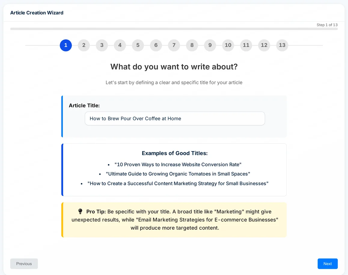 Autoblogging.ai Quick Mode article wizard, step 1 of 13, with an article title filled in
