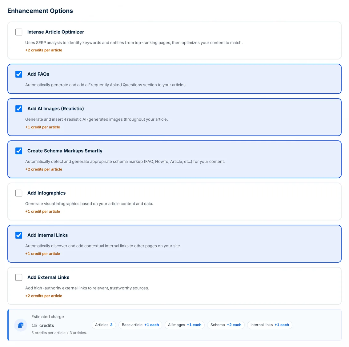 Autoblogging.ai Site Optimizer enhancement options with FAQs, AI images, schema and internal links ticked and the credit estimate