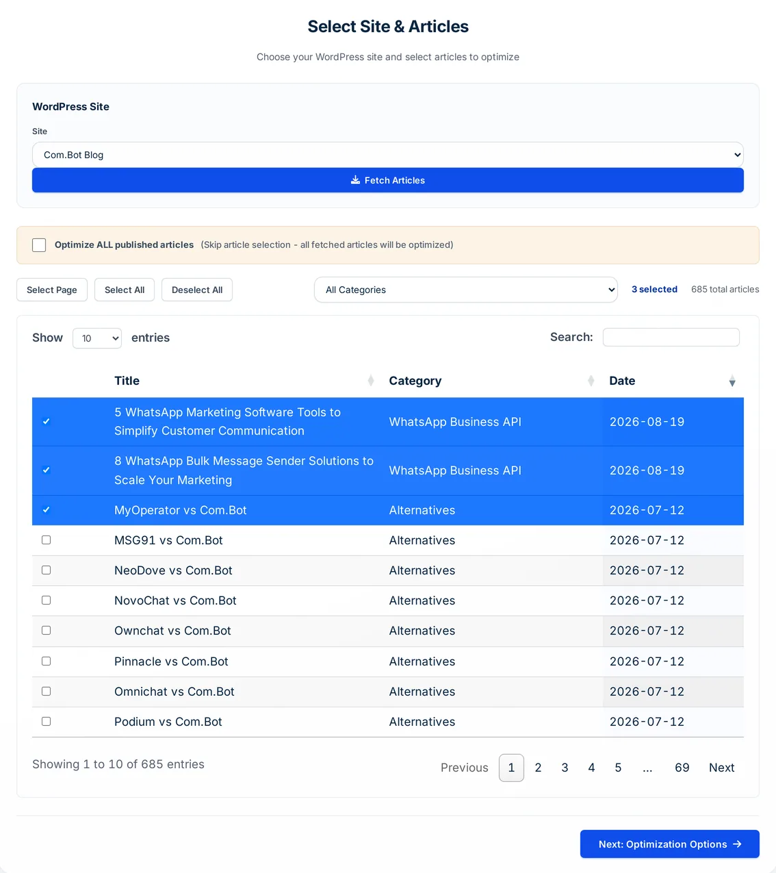 Autoblogging.ai Site Optimizer with a WordPress site's published posts fetched and three articles selected