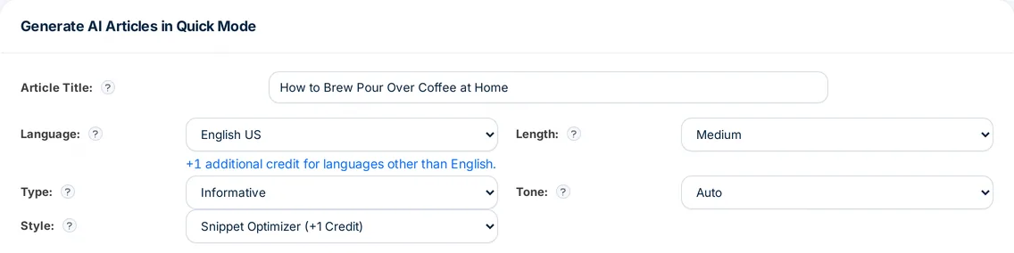 Autoblogging.ai article settings with the Style field set to Snippet Optimizer (+1 Credit)