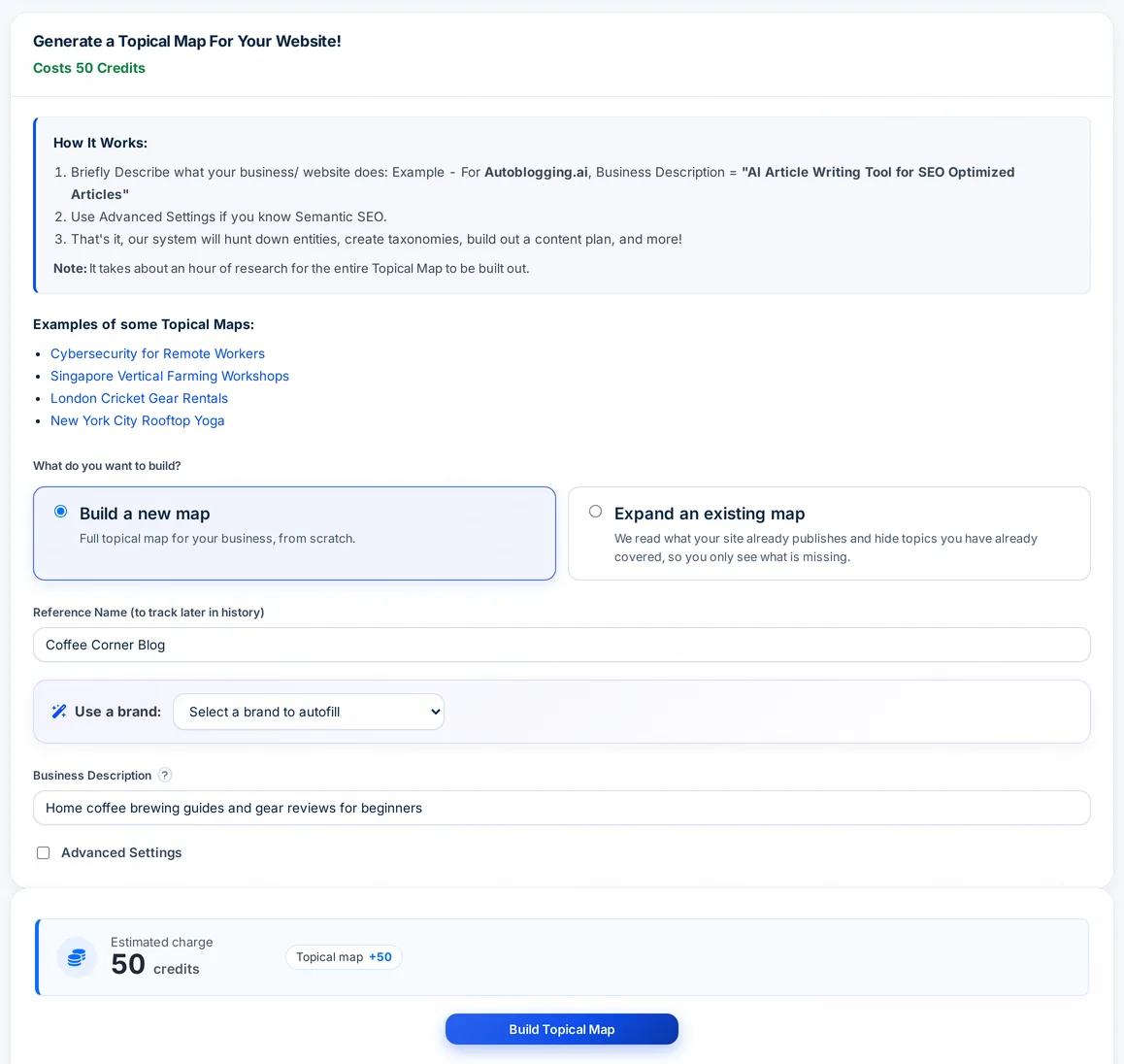 Autoblogging.ai topical map form with build or expand options, business description and a 50 credit estimate