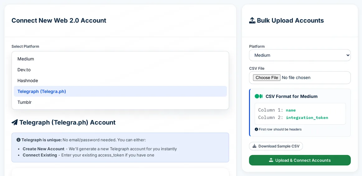 Autoblogging.ai Connect New Web 2.0 Account with Medium, Dev.to, Hashnode, Telegraph and Tumblr listed