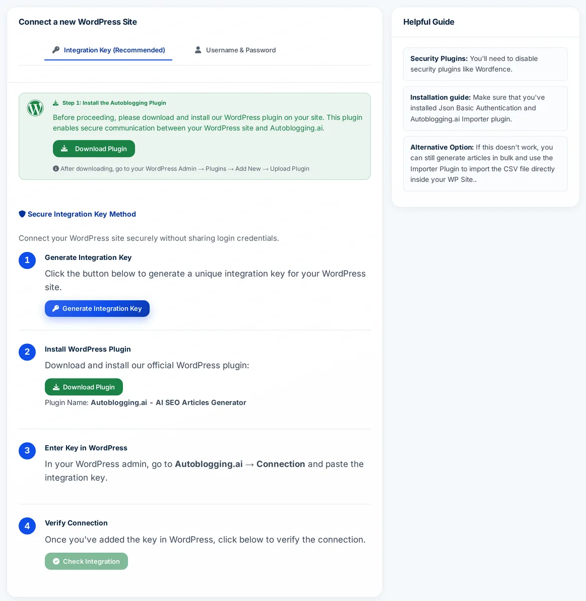 Autoblogging.ai Connect a new WordPress Site card with the Integration Key method, plugin download and four setup steps